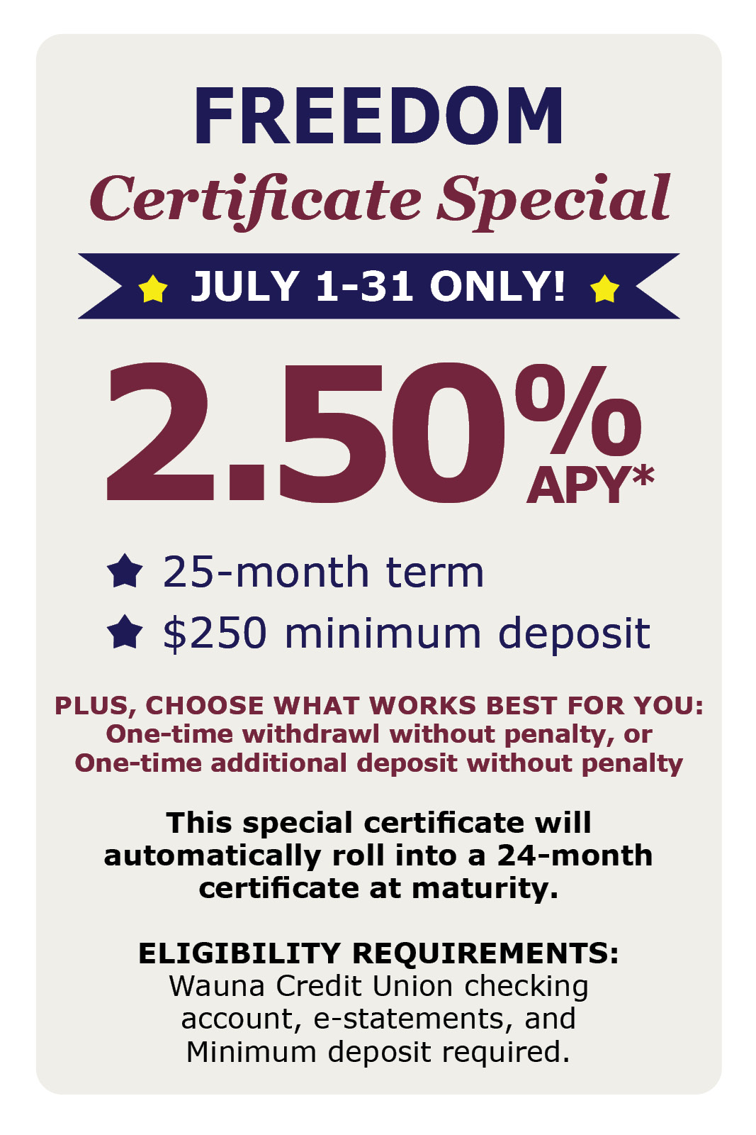 Freedom Certificate Special: July 1-31 Only!