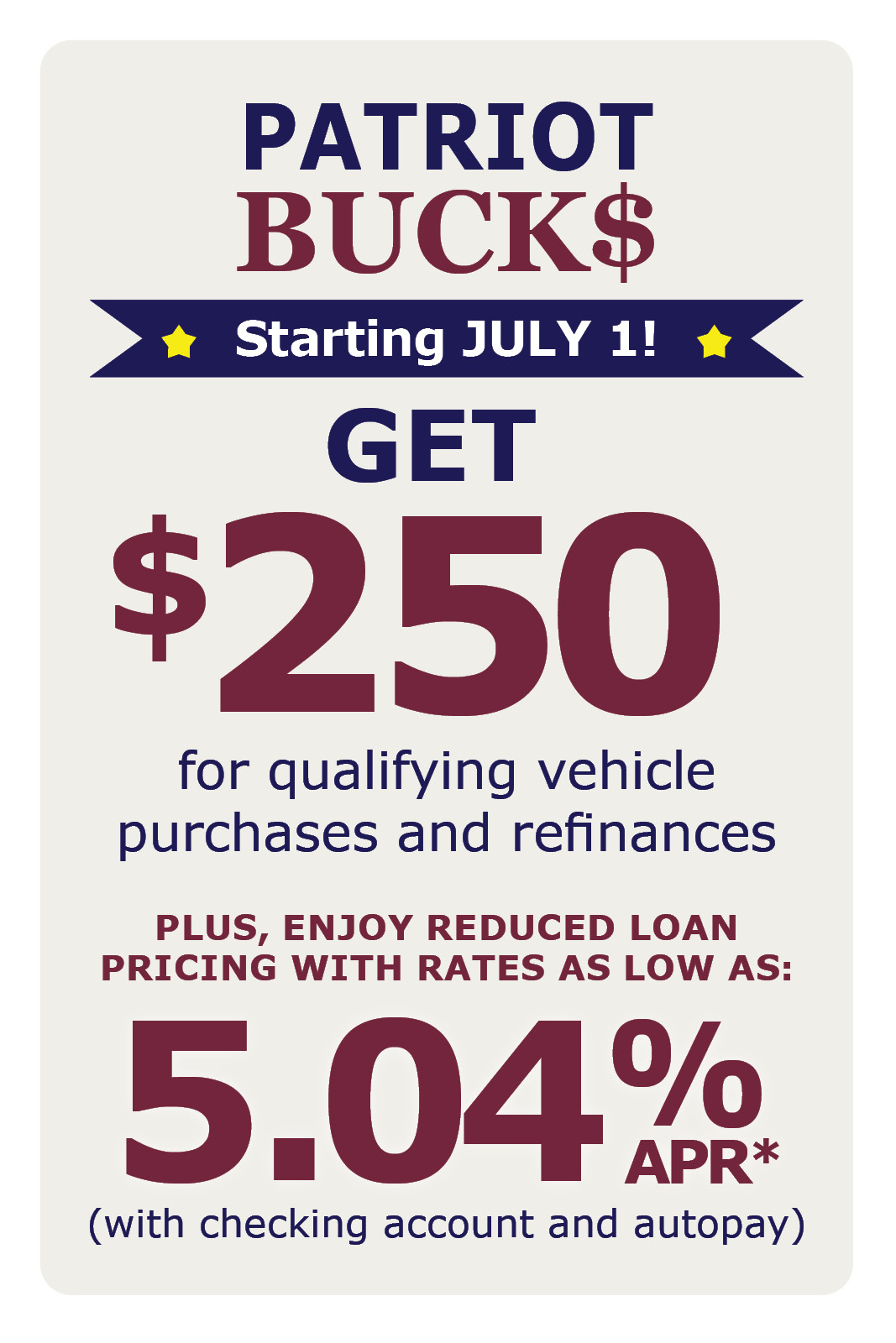 ⭐ Get $250 for qualifying vehicle purchases and refinances  ⭐ Rates as low as 4.79% APR* with checking account and autopay    Eligibility requirements: Wauna Credit Union checking account required eStatements required Autopay required